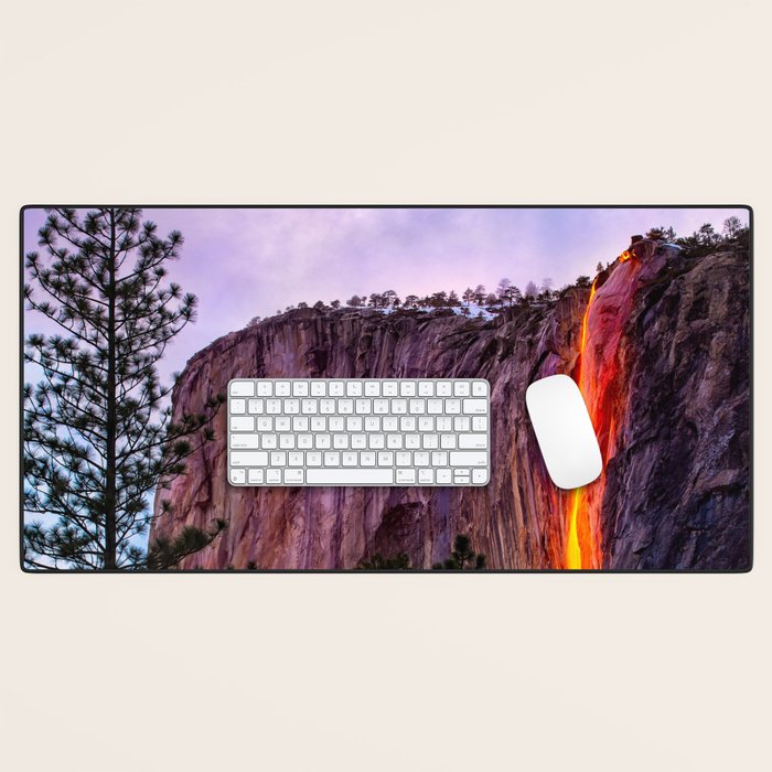 Magical Firefall - golden sunlight, on Horsetail Falls in Yosemite National Park photograph print Desk Mat Gallery Image 1