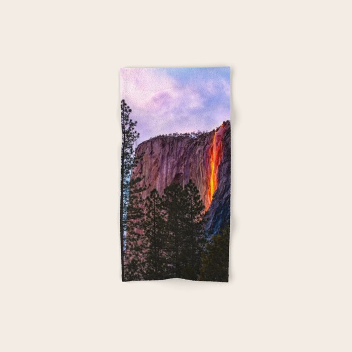 Magical Firefall - golden sunlight, on Horsetail Falls in Yosemite National Park photograph print Bath Towel Gallery Image 1