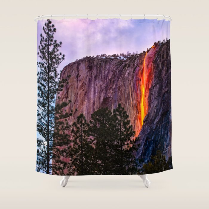 Magical Firefall - golden sunlight, on Horsetail Falls in Yosemite National Park photograph print Shower Curtain Gallery Image 1