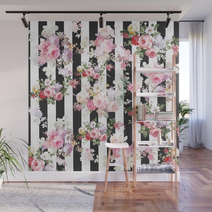 Bold pink watercolor roses floral black white stripes Wall Mural Gallery Image 1