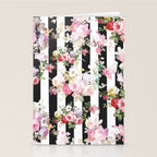Bold pink watercolor roses floral black white stripes Stationery Card Gallery Image 2