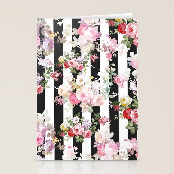 Bold pink watercolor roses floral black white stripes Stationery Card Gallery Image 2
