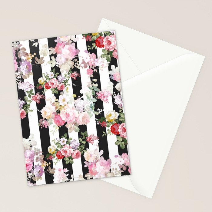 Bold pink watercolor roses floral black white stripes Stationery Card Gallery Image 2