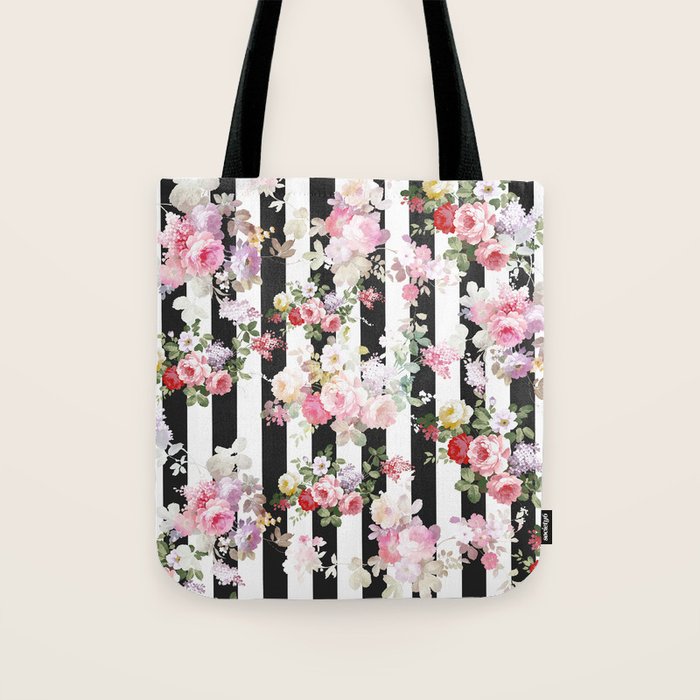 Bold pink watercolor roses floral black white stripes Tote Bag Gallery Image 1