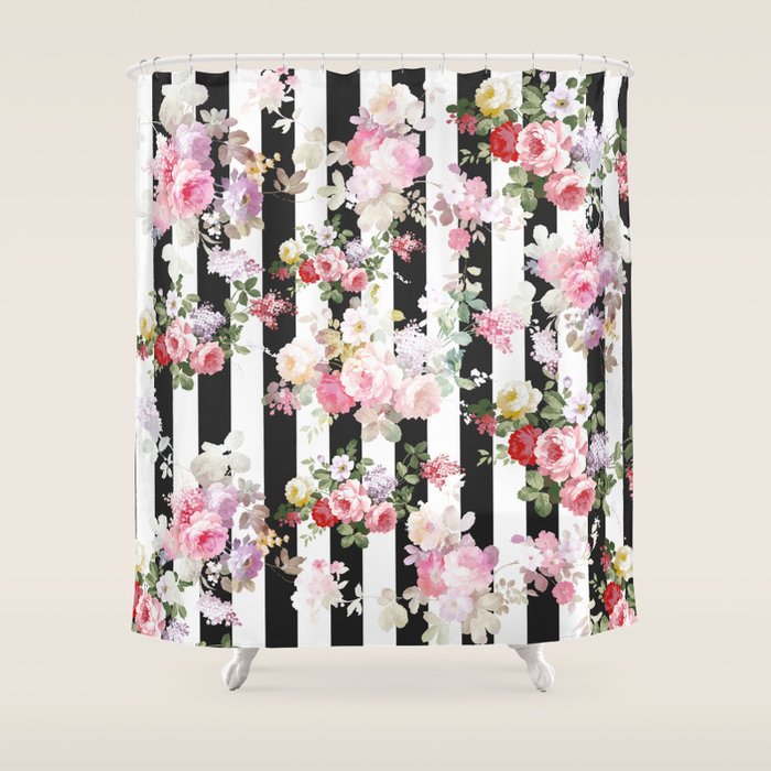 Bold pink watercolor roses floral black white stripes Shower Curtain Gallery Image 1