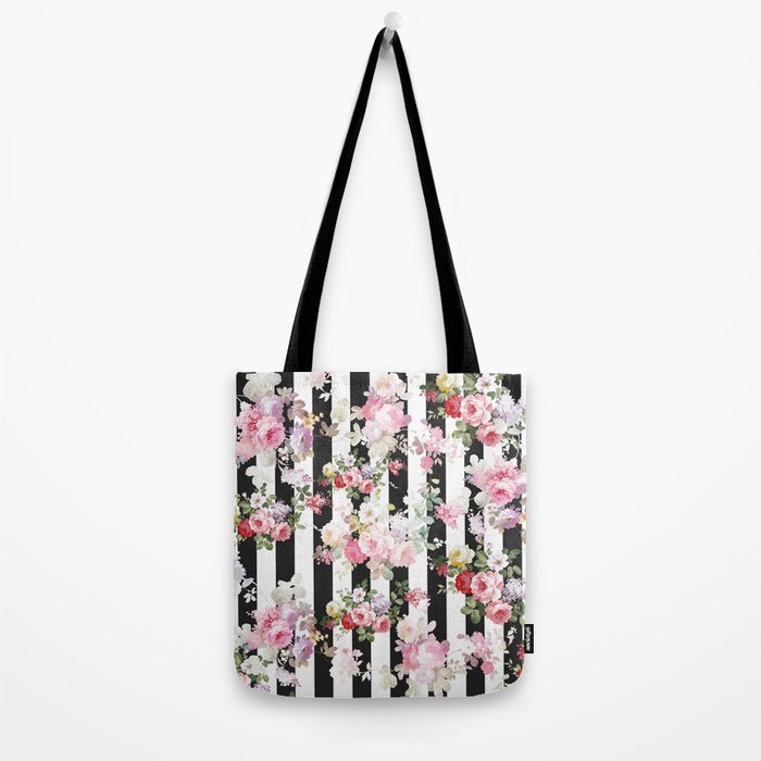 Bold pink watercolor roses floral black white stripes Tote Bag Gallery Image 2