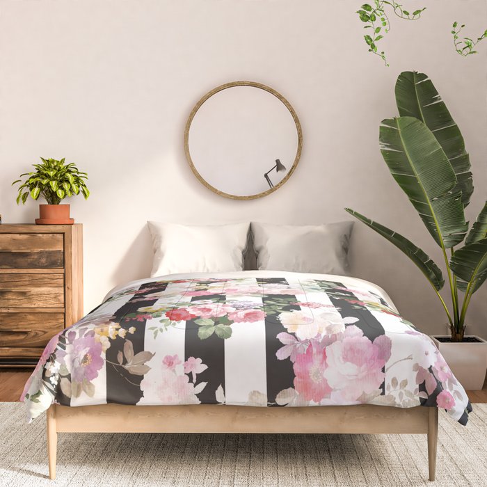 Bold pink watercolor roses floral black white stripes Comforter Gallery Image 3