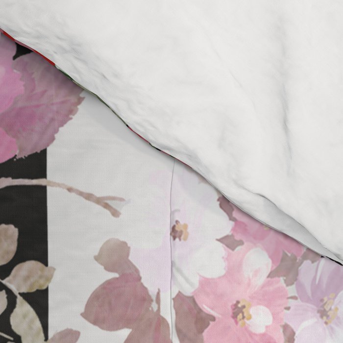 Bold pink watercolor roses floral black white stripes Comforter Gallery Image 4