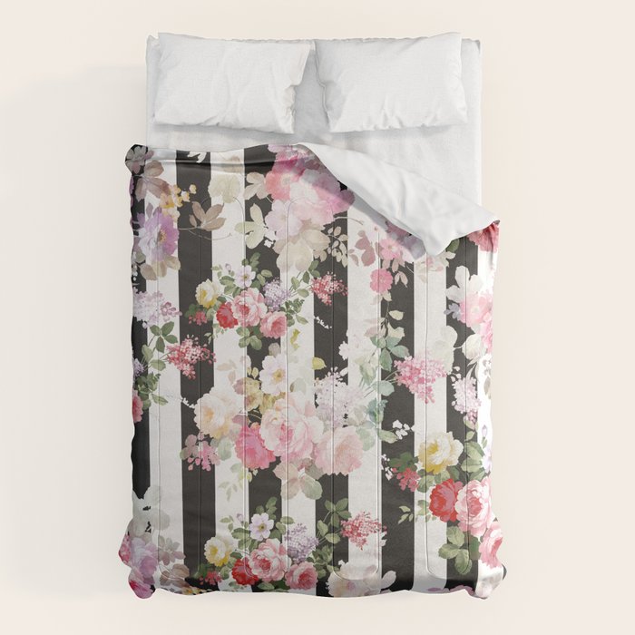Bold pink watercolor roses floral black white stripes Comforter Gallery Image 6