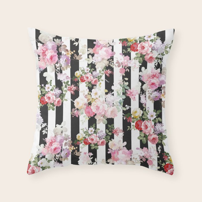 Bold pink watercolor roses floral black white stripes Throw Pillow Gallery Image 1