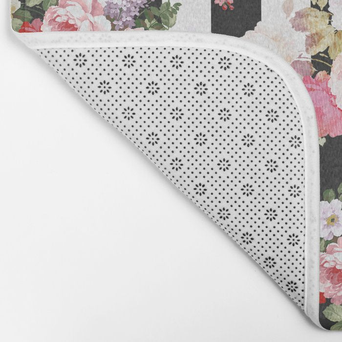 Bold pink watercolor roses floral black white stripes Bath Mat Gallery Image 2