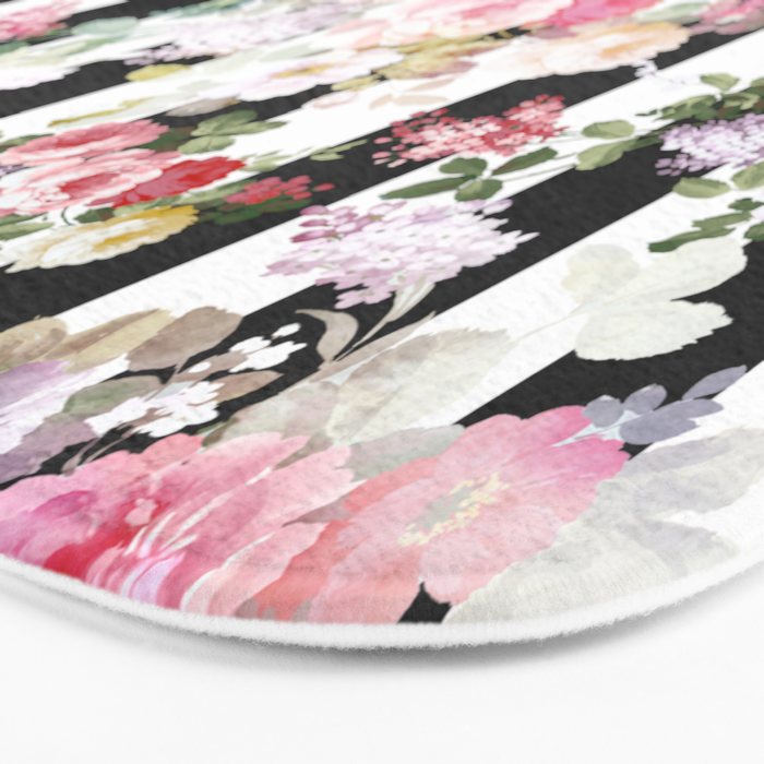 Bold pink watercolor roses floral black white stripes Bath Mat Gallery Image 3