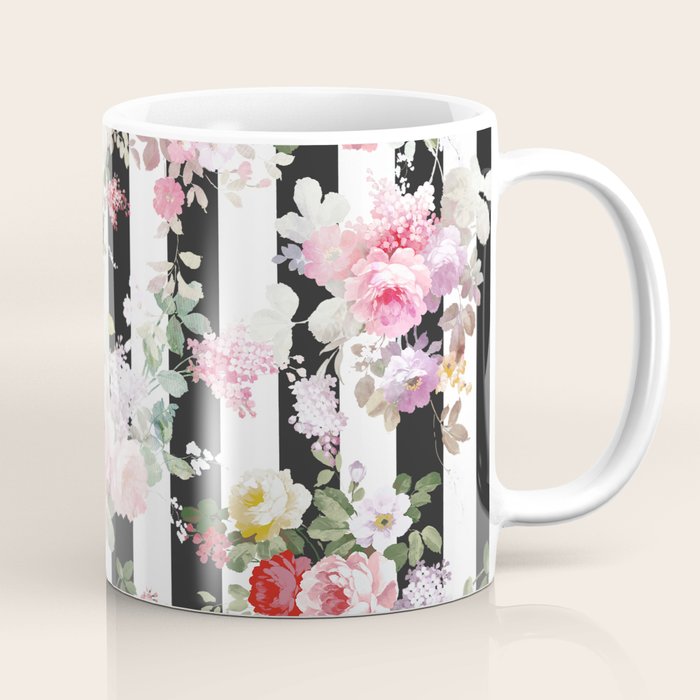 Bold pink watercolor roses floral black white stripes Coffee Mug Gallery Image 1