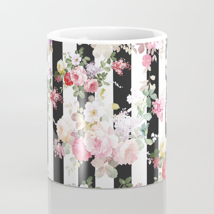 Bold pink watercolor roses floral black white stripes Coffee Mug Gallery Image 4
