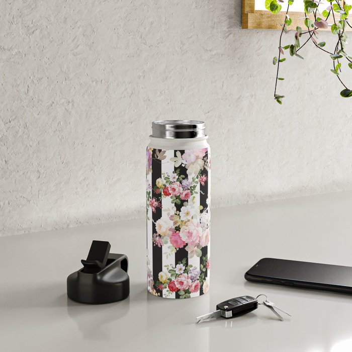Bold pink watercolor roses floral black white stripes Water Bottle Gallery Image 5