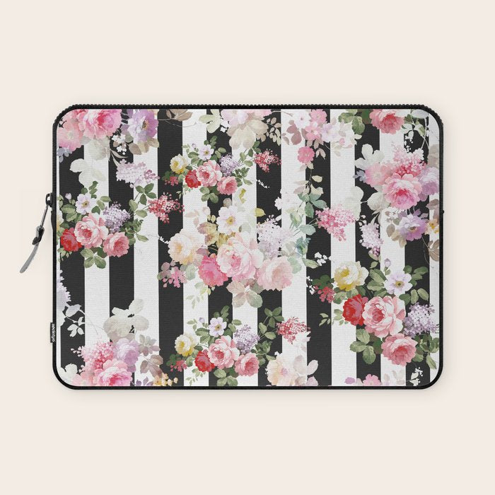 Bold pink watercolor roses floral black white stripes Laptop Sleeve Gallery Image 1