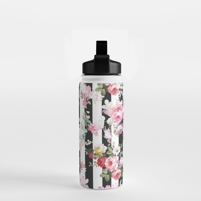 Bold pink watercolor roses floral black white stripes Water Bottle Gallery Image 2