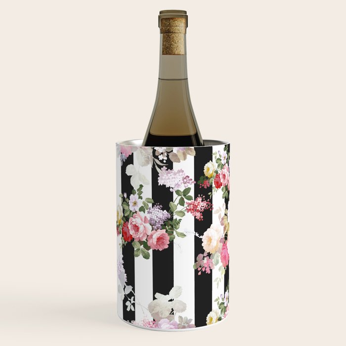 Bold pink watercolor roses floral black white stripes Wine Chiller Gallery Image 2