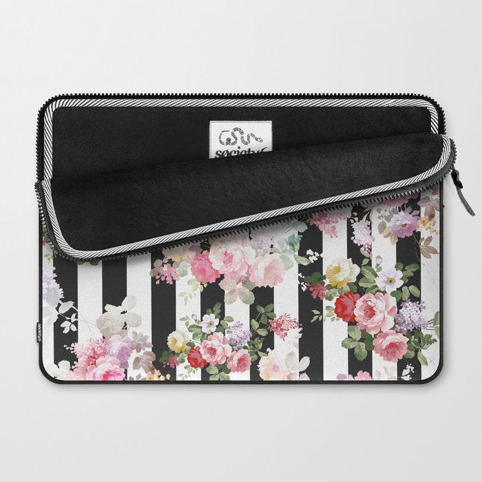 Bold pink watercolor roses floral black white stripes Laptop Sleeve Gallery Image 2