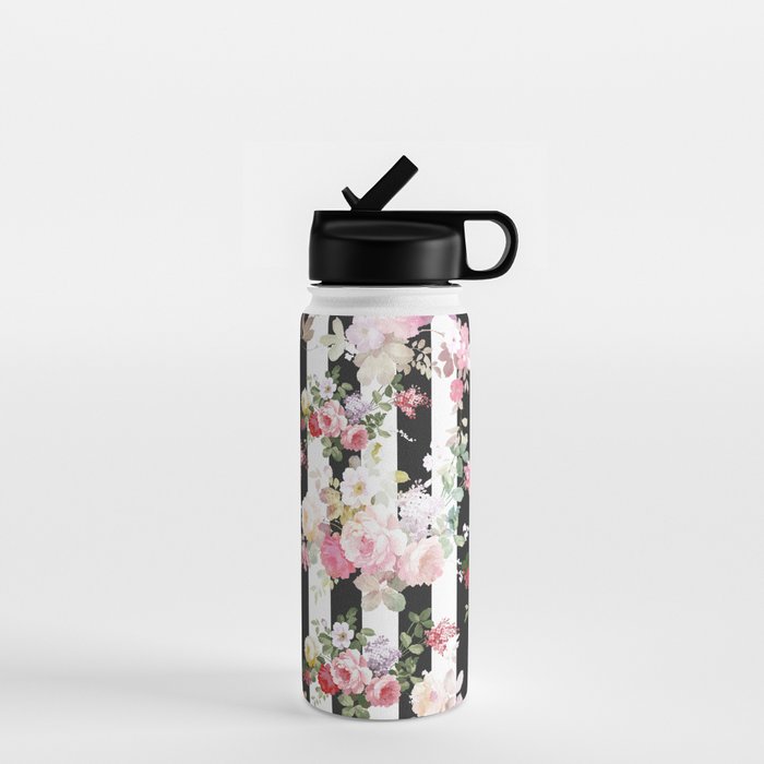 Bold pink watercolor roses floral black white stripes Water Bottle Gallery Image 1