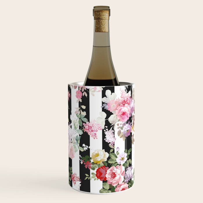 Bold pink watercolor roses floral black white stripes Wine Chiller Gallery Image 3