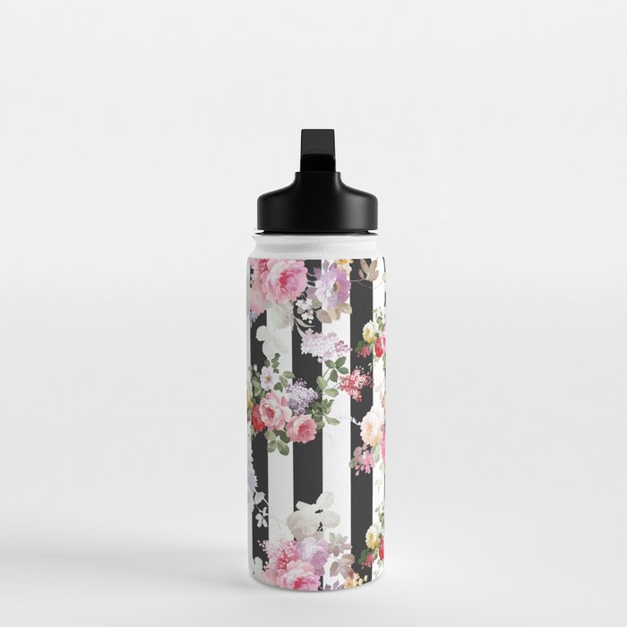 Bold pink watercolor roses floral black white stripes Water Bottle Gallery Image 3