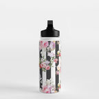 Bold pink watercolor roses floral black white stripes Water Bottle Gallery Image 3