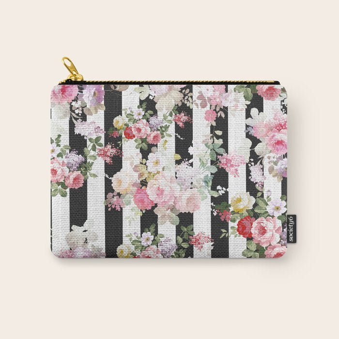 Bold pink watercolor roses floral black white stripes Carry All Pouch Gallery Image 1