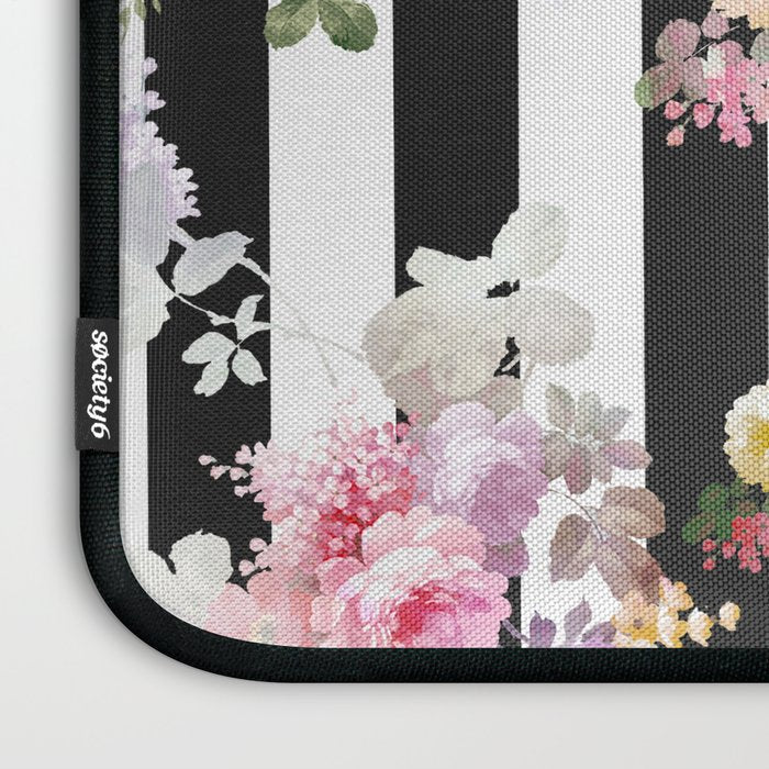 Bold pink watercolor roses floral black white stripes Laptop Sleeve Gallery Image 3