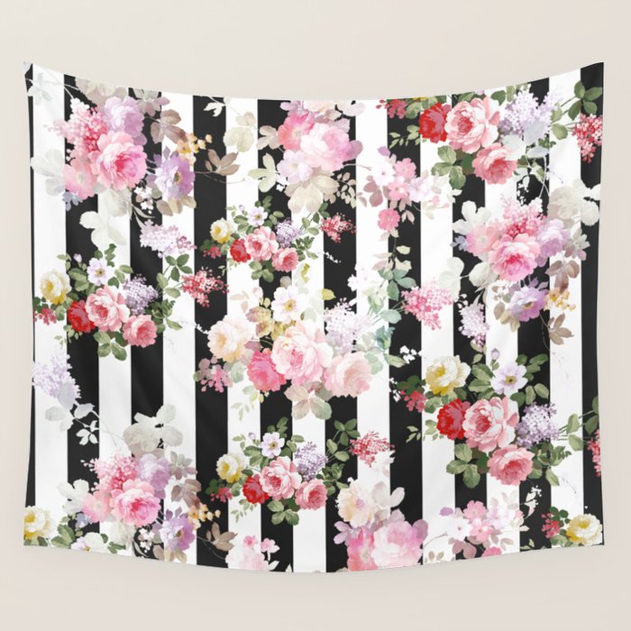 Bold pink watercolor roses floral black white stripes Wall Tapestry Gallery Image 4