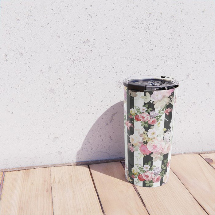 Bold pink watercolor roses floral black white stripes Travel Mug Gallery Image 4