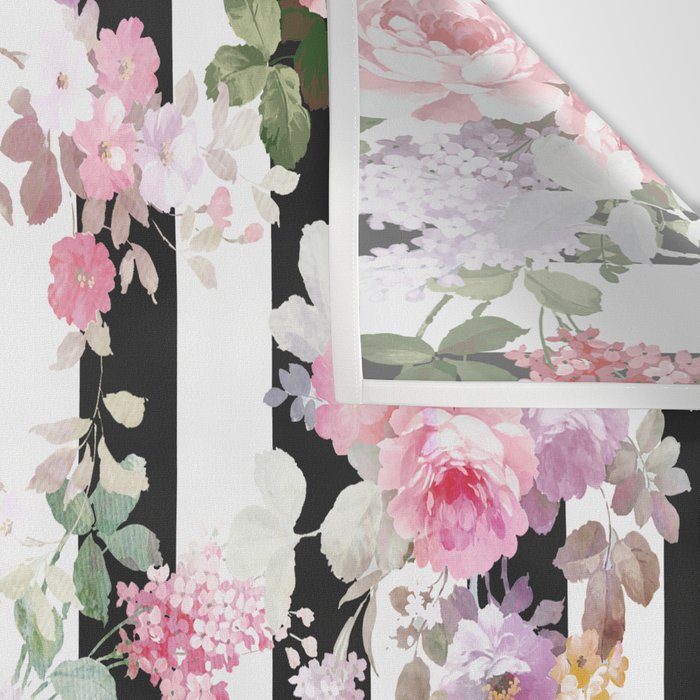 Bold pink watercolor roses floral black white stripes Wall Tapestry Gallery Image 3