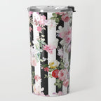 Bold pink watercolor roses floral black white stripes Travel Mug Gallery Image 2