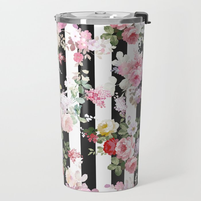 Bold pink watercolor roses floral black white stripes Travel Mug Gallery Image 2