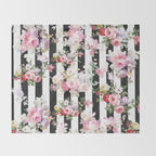 Bold pink watercolor roses floral black white stripes Throw Blanket Gallery Image 2