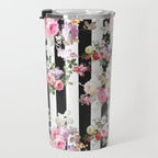 Bold pink watercolor roses floral black white stripes Travel Mug Gallery Image 3