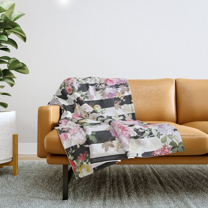 Bold pink watercolor roses floral black white stripes Throw Blanket Gallery Image 1
