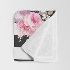 Bold pink watercolor roses floral black white stripes Throw Blanket Gallery Image 3