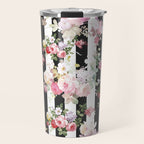 Bold pink watercolor roses floral black white stripes Travel Mug Gallery Image 1