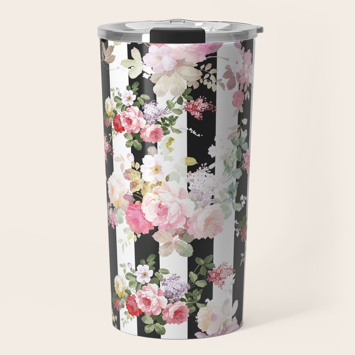 Bold pink watercolor roses floral black white stripes Travel Mug Gallery Image 1