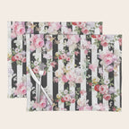 Bold pink watercolor roses floral black white stripes Placemat Gallery Image 1