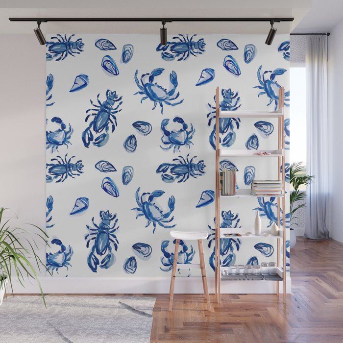 Blue and White Sea Life II Wall Mural Gallery Image 1
