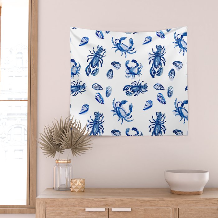 Blue and White Sea Life II Wall Tapestry Gallery Image 2