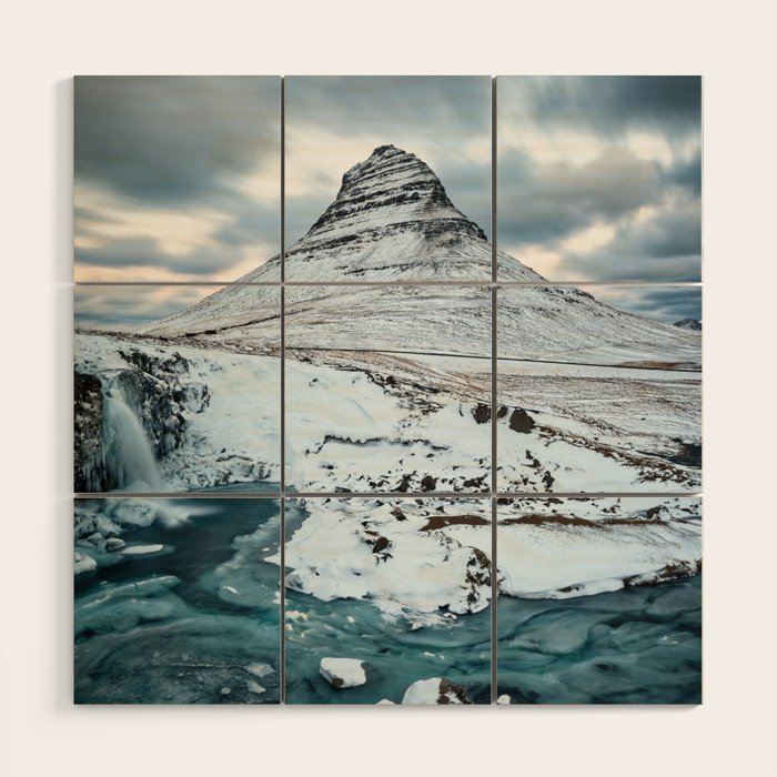 KIRKJUFELL MOUNTAIN & WATERFALL IN WINTER ICELAND LANDSCAPE Wood Wall Art Gallery Image 1
