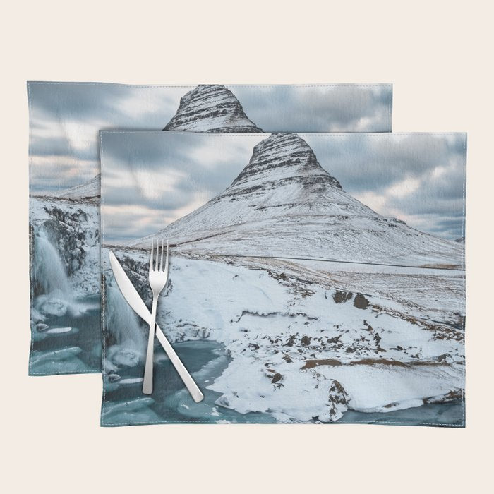 KIRKJUFELL MOUNTAIN & WATERFALL IN WINTER ICELAND LANDSCAPE Placemat Gallery Image 1
