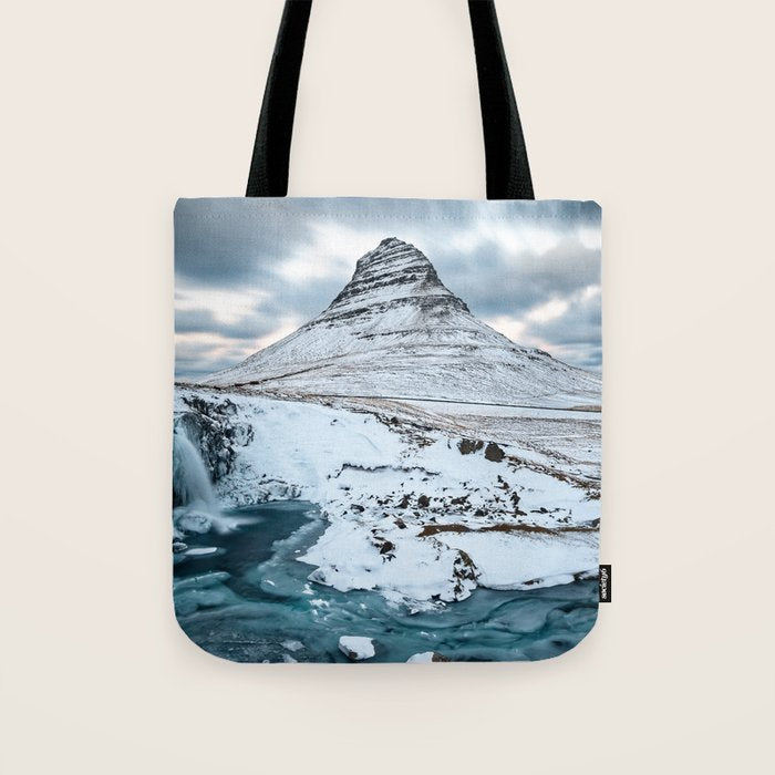 KIRKJUFELL MOUNTAIN & WATERFALL IN WINTER ICELAND LANDSCAPE Tote Bag Gallery Image 1