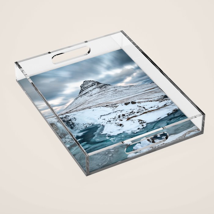 KIRKJUFELL MOUNTAIN & WATERFALL IN WINTER ICELAND LANDSCAPE Acrylic Tray Gallery Image 1