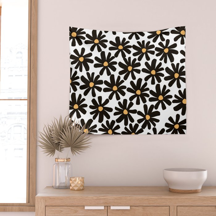 Retro modern black daisies  Wall Tapestry Gallery Image 2