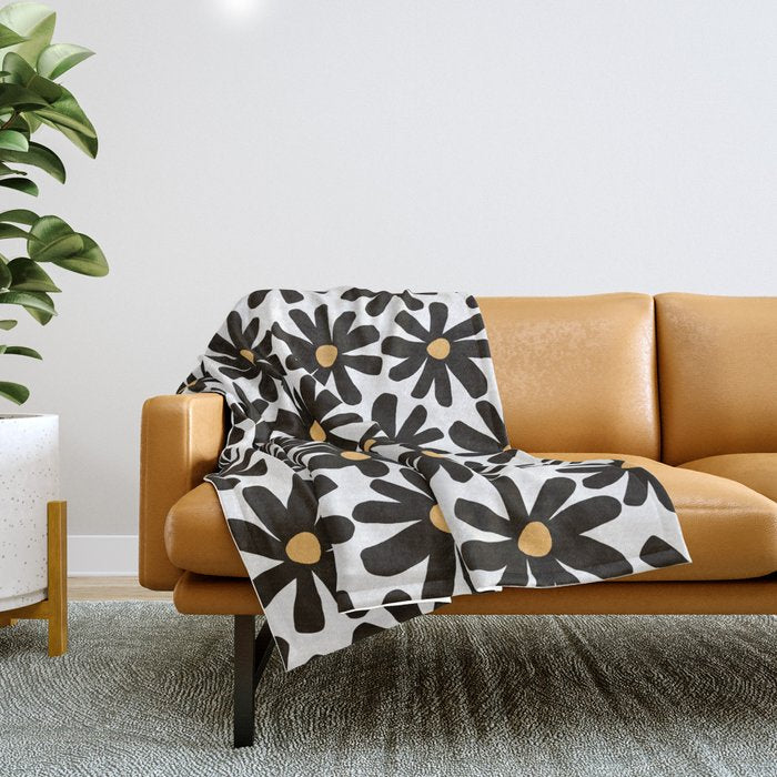 Retro modern black daisies  Throw Blanket Gallery Image 1
