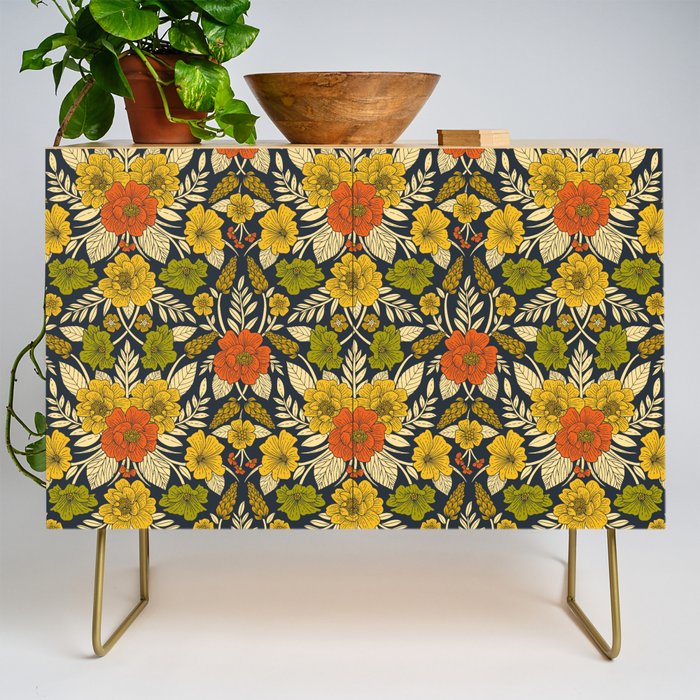 Modern Floral Pattern in Orange, Yellow, Green & Navy Credenza Gallery Image 1
